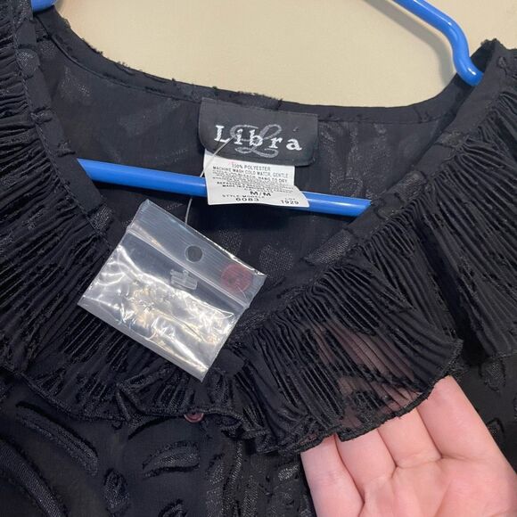 Libra Vintage Sheer Floral Textured Black Frill Cuff Button Up Blouse Medium - Picture 11 of 13